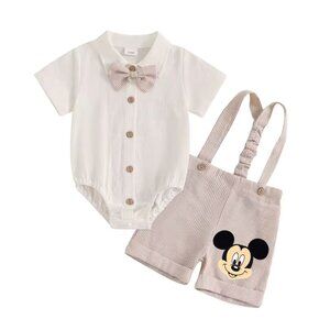 Mickey Mouse outfit Beige Boy First Birthday Outfit Mickey Clothes Suspenders